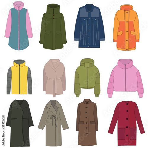 vector, isolated, set of flat style jackets and coats