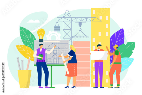 Building architectural engineering concept, vector illustration. Construction business, house project plan, architectural drawing. Meeting professionals in office, design sketch interior.