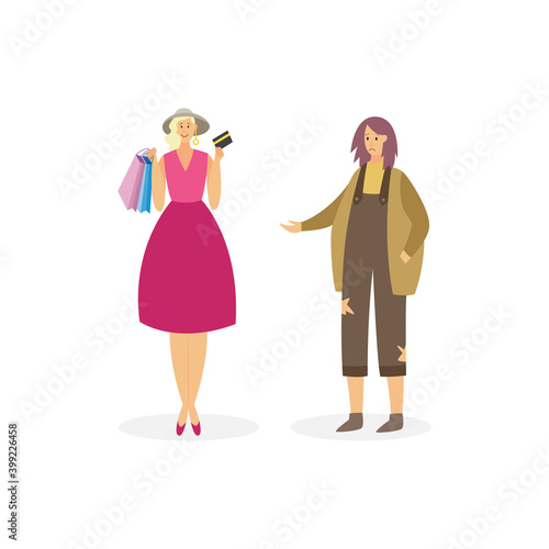 Cartoon characters of sad poor and happy rich young women a vector illustration.