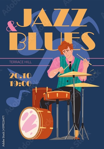 Vector cartoon flat character music band,jazz,rock,blues stylish banner poster web online concept.Musician plays drums instrument on abstract background-festival,concert,night club flyer
