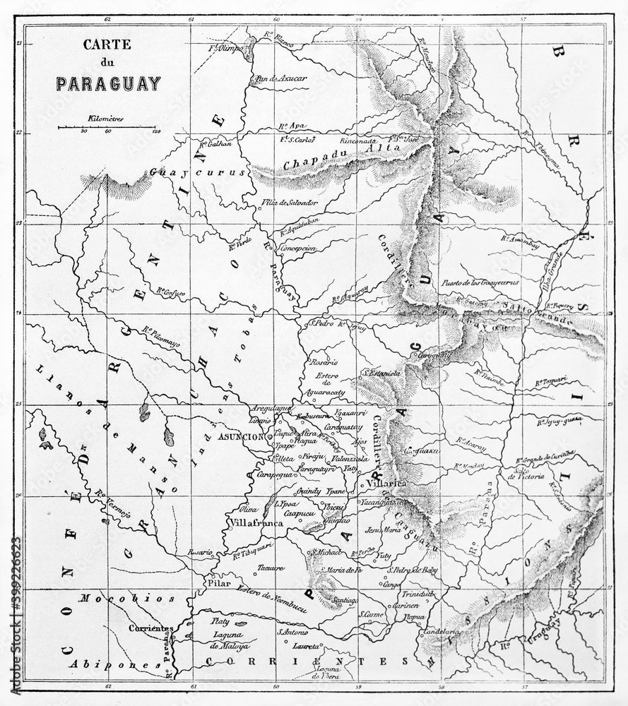 Old engraved map of Paraguay. Ancient grey tone etching style art by Erhard and Bonaparte, Le Tour du Monde, 1861