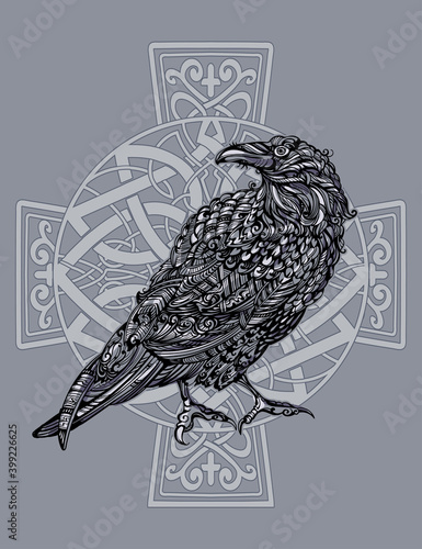 Odin's Celtic Raven. Scandinavian tattoo. Runic symbols in the Old Norse language mean Raven. Trixel, Celtic cross, Gungir and knots. Vector illustration of Scandinavian myths