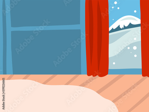 Hand drawn vector abstract stock flat Merry Christmas,and Happy New Year cartoon festive illustrations of winter window view in holiday home interior isolated on color background