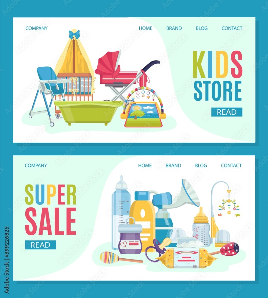 Baby care objects items shop, vector illustration. Sale accessories for newborn infant, toys, pacifier, retail. Colorful banner, set discount icon for child. Modern family lifestyle concept.