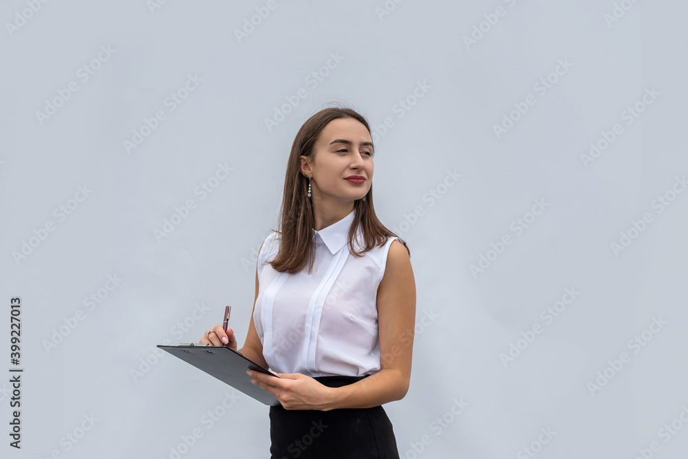 Business woman in white shirt holding document on clipboard, isolated on white background. Business woman in white shirt holding document on clipboard, isolated on white background.