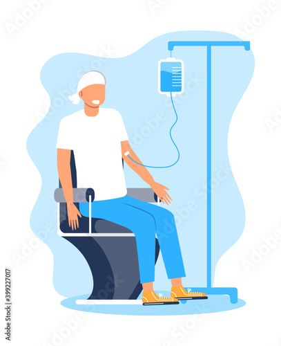 Chemotherapy and oncologist concept vector for app, web, blog. Oncology treatment of patient and fight with cancer. Innovation therapy illustration. IV fluids, chemotherapy