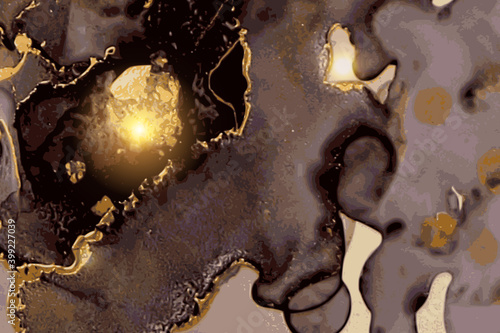 Black, and gold geode. Marble abstract pattern. Alcohol ink technique stone texture. Vector background. Modern paint with glitter. Banner, poster design template.