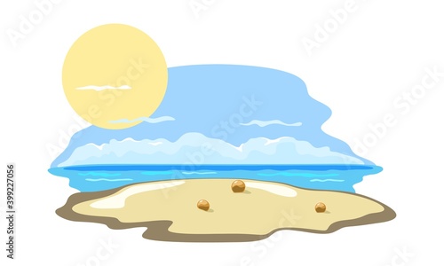 Yellow sand, blue sky and shining sun over ocean, paradise. Vector summertime travel, heaven, wild nature landscape, vacation, freedom design isolated on white background