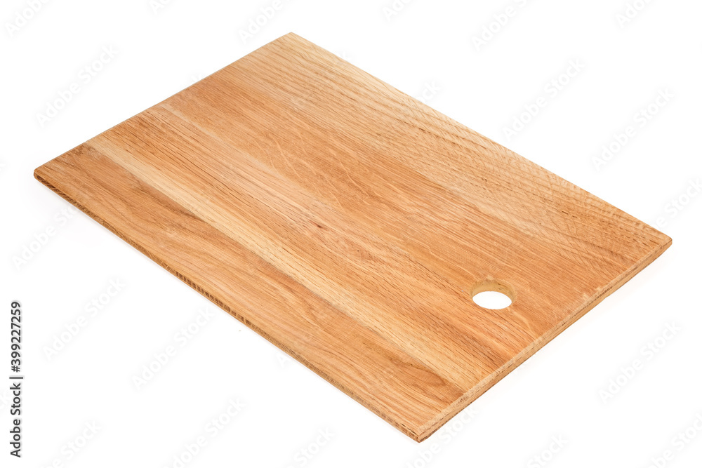 Cutting board made of natural oak wood on white background