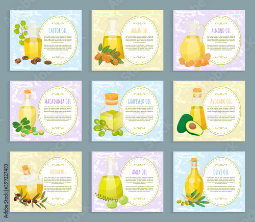 Set of pictures with labels about organic products. Glass vessels with liquid for hair care. Castor and jojoba, macadamia and grapeseed, avocado and amla, argan and olive oils. Vector illustration