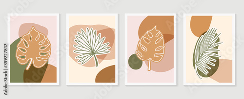 Botanical wall art vector set. Earth tone boho foliage line art drawing with  abstract shape.  Abstract Plant Art design for print, cover, wallpaper, Minimal and  natural wall art. © TWINS DESIGN STUDIO