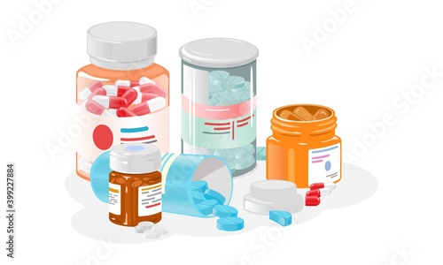 Collection of transparent bottles with oral medications, health therapy. Vector organism support with vitamin complex, painkillers and aspirin. Pharmaceutical idea isolated on white