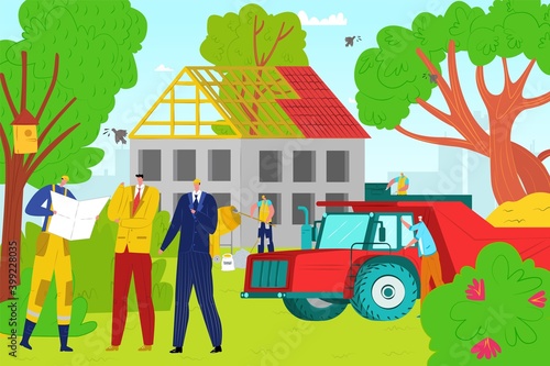 House construction, vector illustration. Builder worker man character work with cartoon equipment at home site. Male people in helmet at architecture industrial design, residential development.
