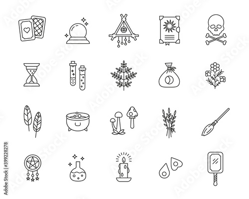 Witchcraft outline icon collection. Mystery and magic objects: tarot, magic ball, spell book, candle, hourglass, feathers, herbs, cauldron, flasks, mushrooms, broom, skull with bones, etc.