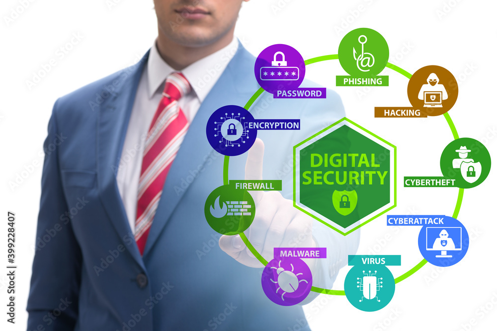 Digital security concept with businessman pressing button Digital security concept with businessman pressing button