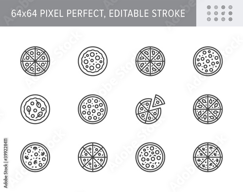 Pizza line icons. Vector illustration included icon as slice, pepperoni, margarita, vegetarian restaurant. Outline pictogram for pizzeria. 64x64 Pixel Perfect Editable Stroke