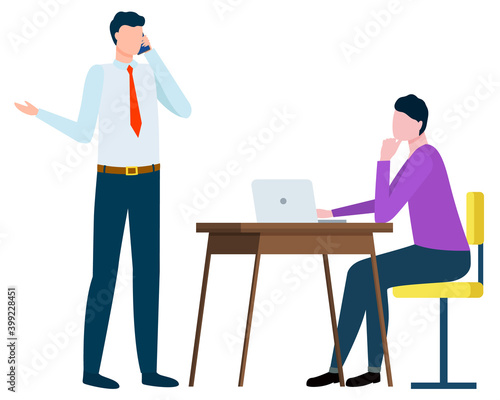 People working on project together vector, boss director with employee. Person sitting by table with laptop, thinking team, ceo talking on phone illustration in flat style design for web, print