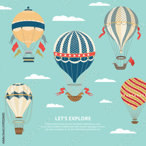 Hot air balloon poster - cartoon balloons with festive decorations