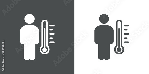 Control de temperatura. Icono hombre con termómetro en fondo gris y fondo blanco