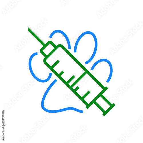 Vacuna. Asistencia sanitaria para mascotas. Logotipo zarpa de gato con jeringuilla con lineas en azul y verde
