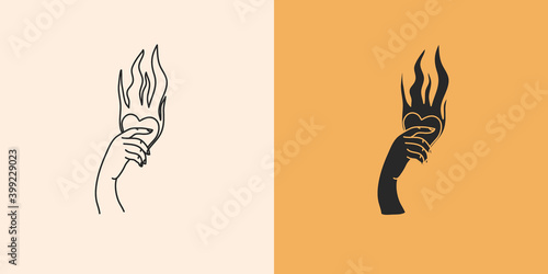 Hand drawn vector abstract stock flat graphic illustration with logo elements set, hand holding a flaming heart line and silhouette,magic art in simple style for branding,isolated on color background