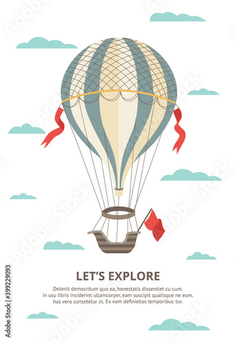 Onboarding page with hot air balloon among clouds flat vector illustration.