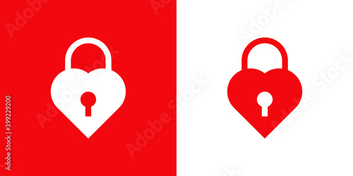 Logotipo candado con forma de corazón en fondo rojo y fondo blanco