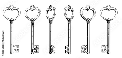 Sketch of a key in the shape of a vintage heart shape from different angles.