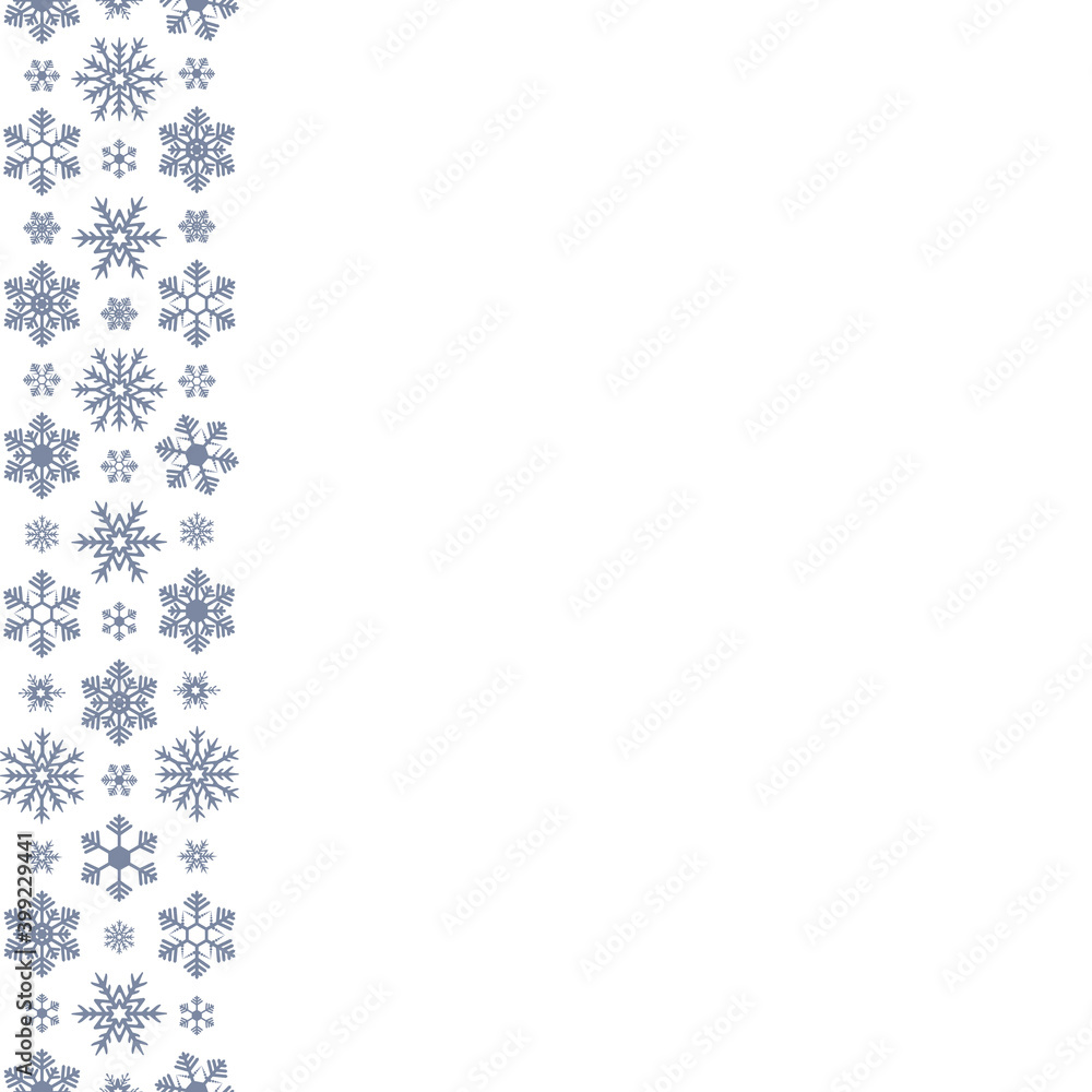 Snowflakes. Seamless vertical border. Repeating vector pattern. Isolated colorless background. Endless holiday ornament. Delicate crystal background. Idea for web design, packaging, wallpaper, cover.