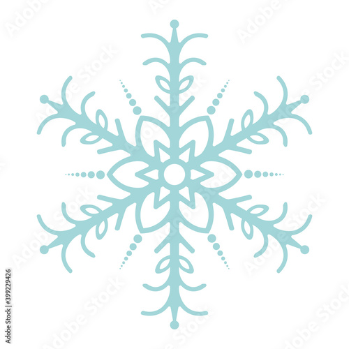 Snowflake. Festive ornament. Vector illustration. Isolated white background. Flat style. A fragile crystal of intricate shape. Frostwork. Snow flakes. Frozen star. Arctic icon. New year, Christmas.