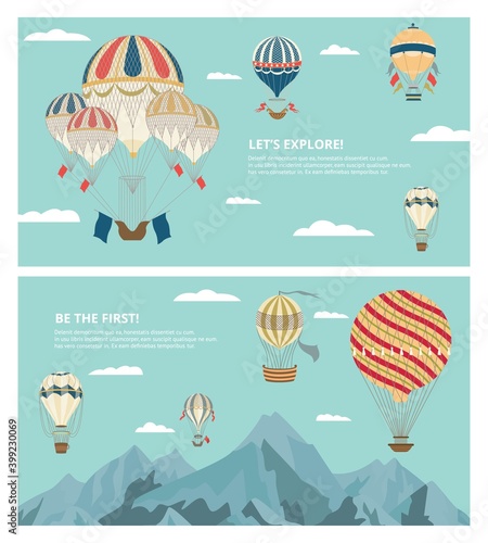 Set backgrounds with hot air balloons in the sky, flat vector illustration.
