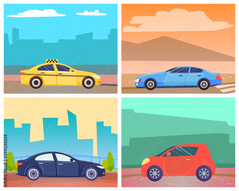 Cars on roads of modern cities or rural areas vector, set of transportation. Oldschool minivan big vehicle, taxi cab service and eco-friendly auto. Automobile by seaside illustration card or stikers Cars on roads of modern cities or rural areas vector, set of transportation. Oldschool minivan big vehicle, taxi cab service and eco-friendly auto. Automobile by seaside illustration card or stikers