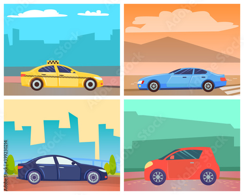 Fototapeta Naklejka Na Ścianę i Meble -  Cars on roads of modern cities or rural areas vector, set of transportation. Oldschool minivan big vehicle, taxi cab service and eco-friendly auto. Automobile by seaside illustration card or stikers