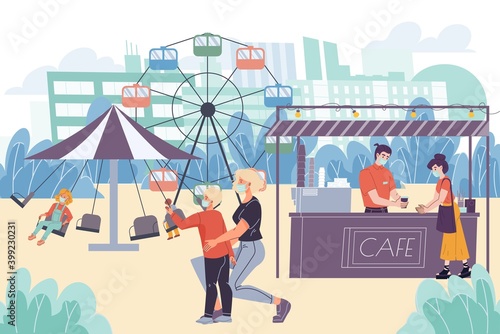 Vector cartoon flat family characters in masks having fun outdoors at amusement park during quarantine- communication,friendship,coronavirus infection covid disease prevention social concept