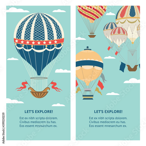 Explore and travel banners set with hot air balloons flat vector illustration.