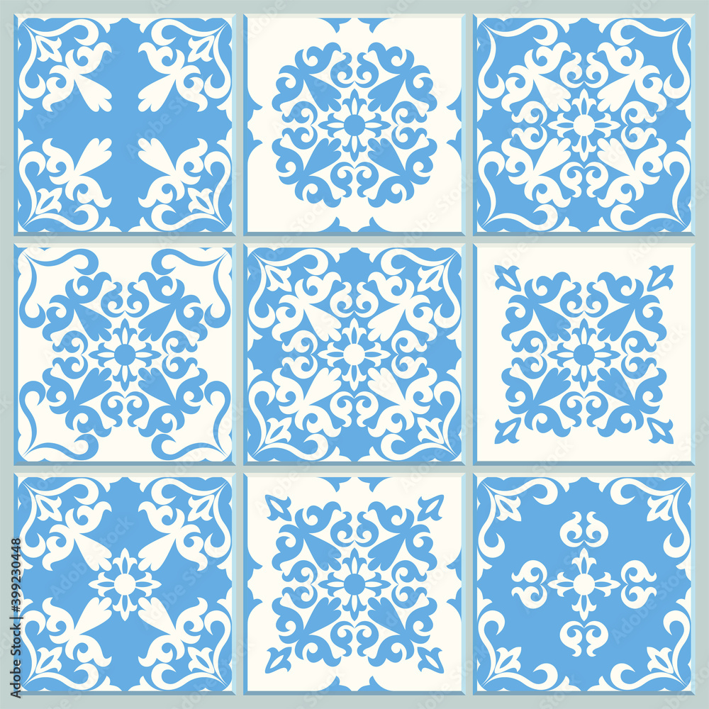 Majolica pottery tile, blue and white azulejos, original traditional Portuguese and Spain decor. Seamless patchwork tile with Victorian motives. Vector illustration. Majolica pottery tile, blue and white azulejos, original traditional Portuguese and Spain decor. Seamless patchwork tile with Victorian motives. Vector illustration.