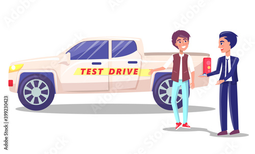 Men stand near car for test drive. Large pink, cream jeep, minivan, trailer, freight transport with red inscription Test drive. Seller in formal suit gives buyer keys. Car center. Flat illustration