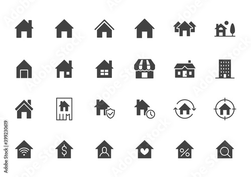 Home flat icons set. House, residential building, homepage, property mortgage black minimal silhouette vector illustrations. Simple flat glyph sign for web real estate app