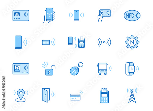 NFC line icon set. Near Field Communication technology, contactless payment, card with chip minimal vector illustration. Simple outline signs for smartphone pay. Blue color, Editable Stroke