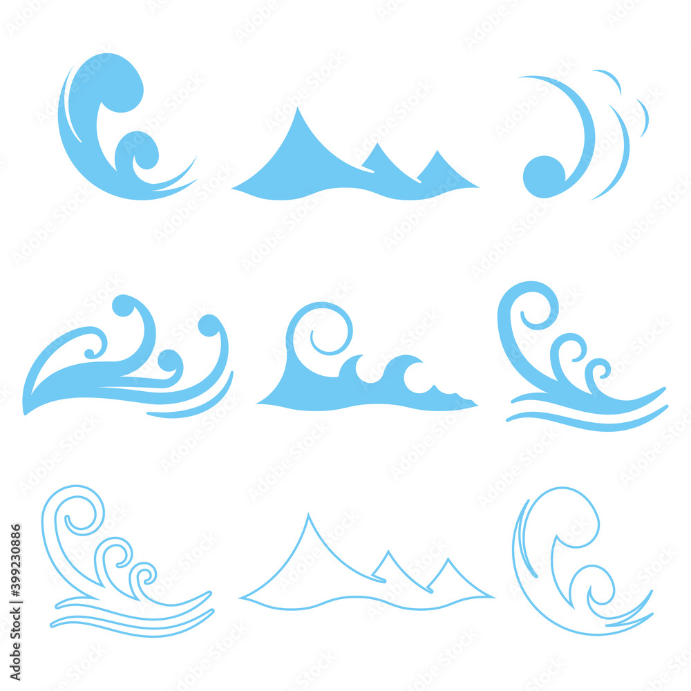 Naklejka premium Waves and splashes vector icons set isolated on a white background.