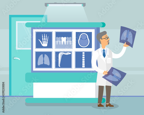 Oncologist holding X-ray picture of lungs. Man in white coat is looking at a photo. Male character in glasses with radiography of parts of human body on background. Doctor examining a state of lungs