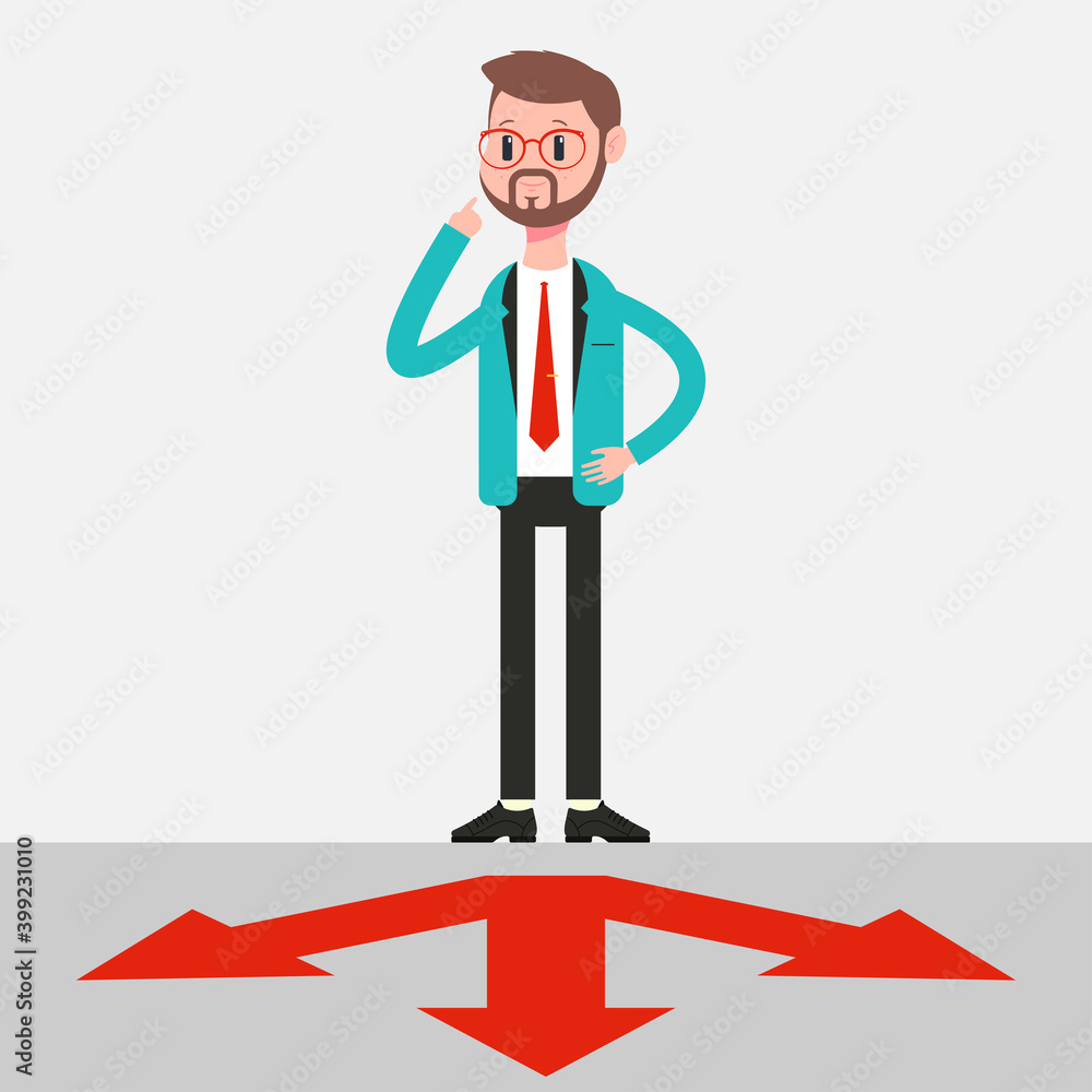 Crossroads vector business illustration with thinking man. Crossroads vector business illustration with thinking man.
