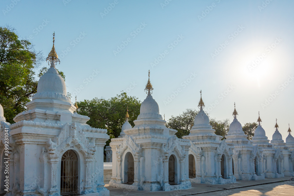 White stupas of Kuthodaw Pagoda in Mandalay, Burma Myanmar
