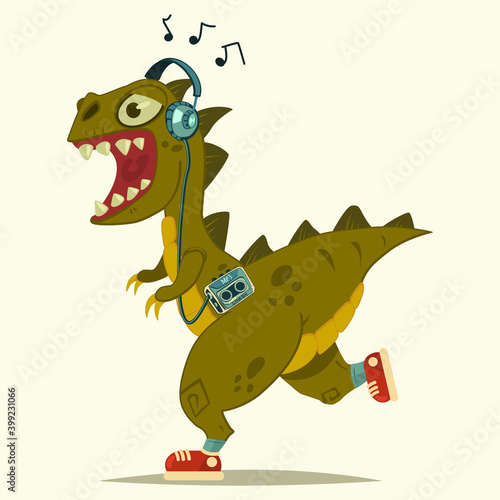 Dinosaur T-Rex in headphones with a player doing fitness in sneakers. Vector cartoon illustration.