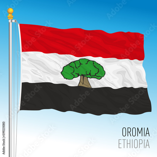 Oromia regional flag, Republic of Ethiopia, vector illustration on the blue sky background