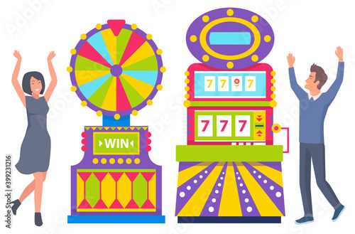 Smiling man and woman gamblers playing game machine and roulette. People in casino, business success, gambling entertainment, joystick icon vector