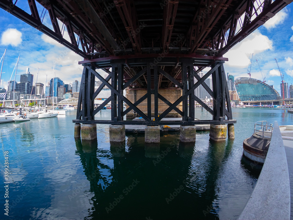 View of the under bridge at Darling Harbour Sydney NSW Australia View of the under bridge at Darling Harbour Sydney NSW Australia