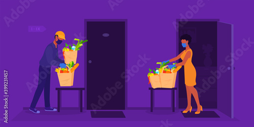 Contactless safe food delivery during the coronavirus pandemic. Delivery man left paper bags with groceries near the door. The courier wears a mask and gloves. Grocery order delivering and receiving.
