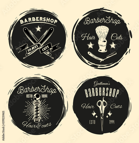 Set of logotype for barbershop in vintage style. Barber shop logo flat vector design emblem with barber objects sign and lettering. Hairdressing salon signboard. Style haircut banner poster