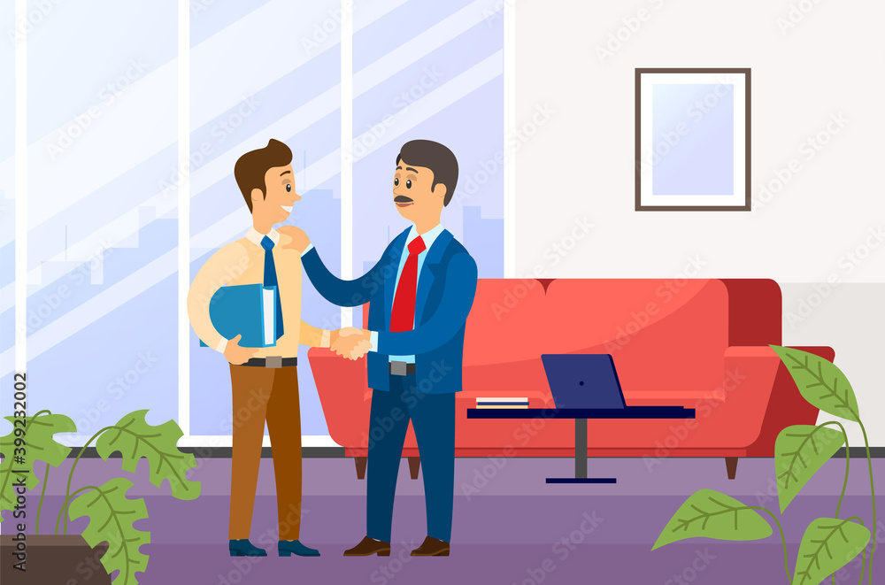 Obraz premium Male characters talking together. Positive communication of colleagues. People have a conversation. Boss praises the subordinate and pats him on the shoulder. Man standing with a book under his arm